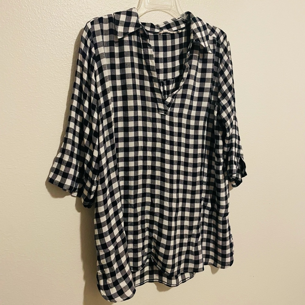 Soft Surroundings Blue & White Check Blouse Sz 1X with pockets